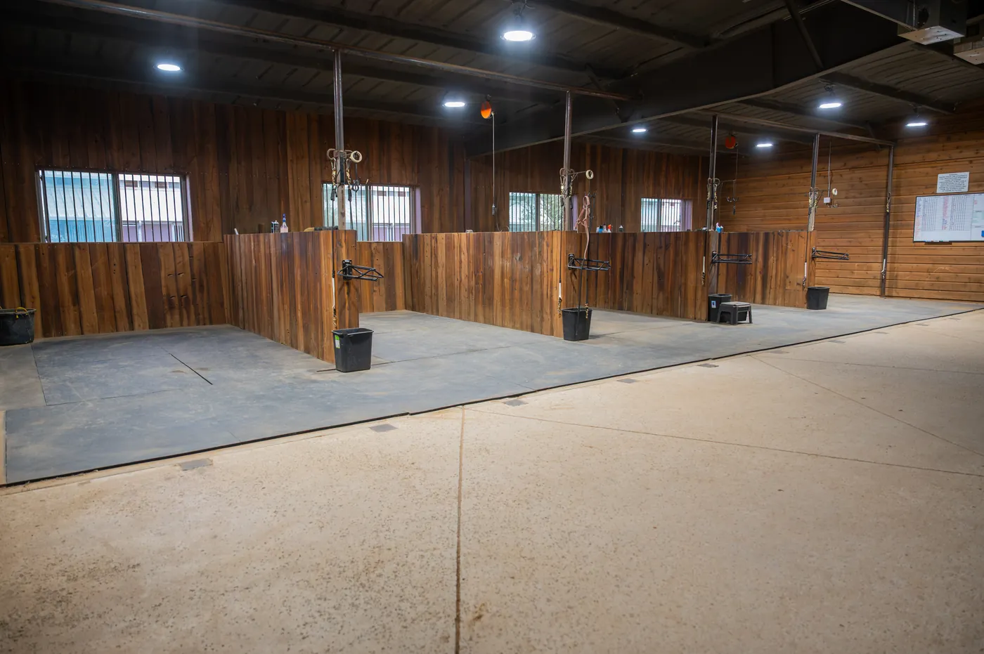 Wood-partitioned grooming stalls, with cross-ties, rubber matting, and windows along the far wall.