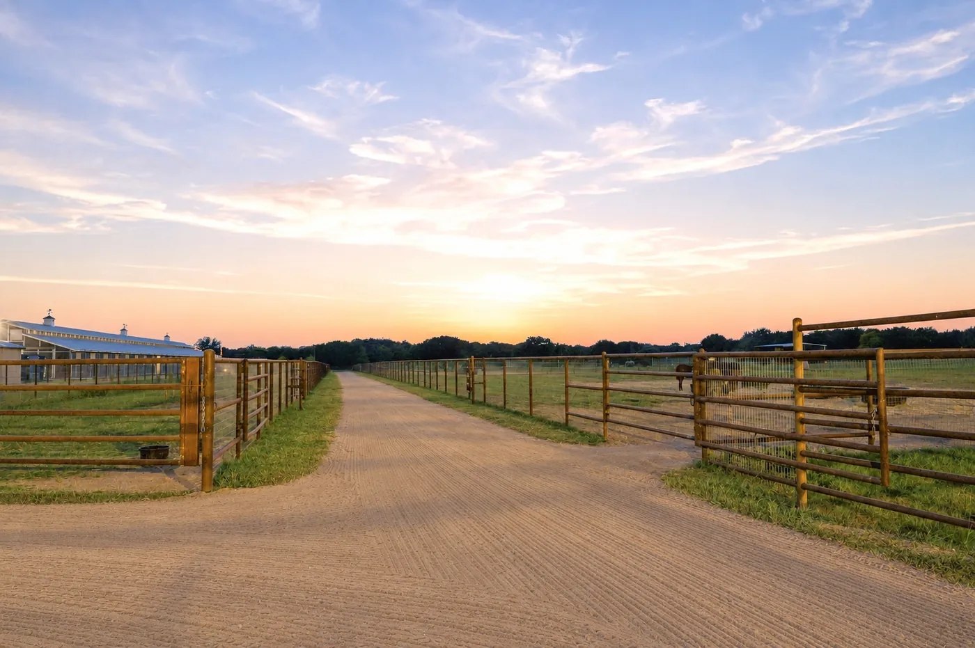 A raked gravel lane at sunset between fenced paddocks, with a barn to one side and horses turned out.