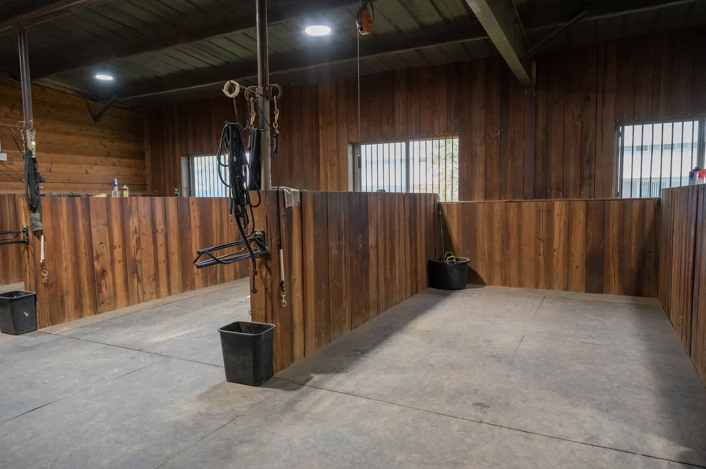 Wood-lined tie stalls, with cross-ties and coiled hoses hanging from the posts and a water bucket in each stall.